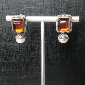 LORI BONN Sterling Silver Amber Cabochon Drop Pearl Earring w/ Caviar Design